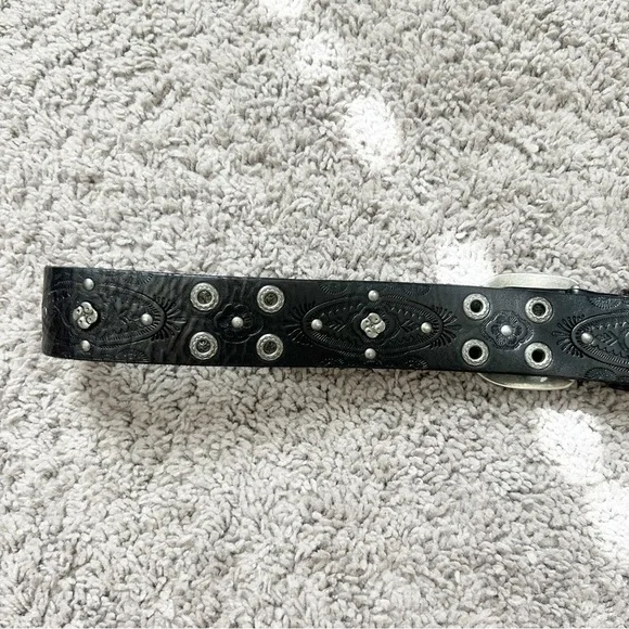 Genuine Leather Embellished Tooled Silver Buckle Floral Embossed Belt Sz L/XL - Picture 9 of 11